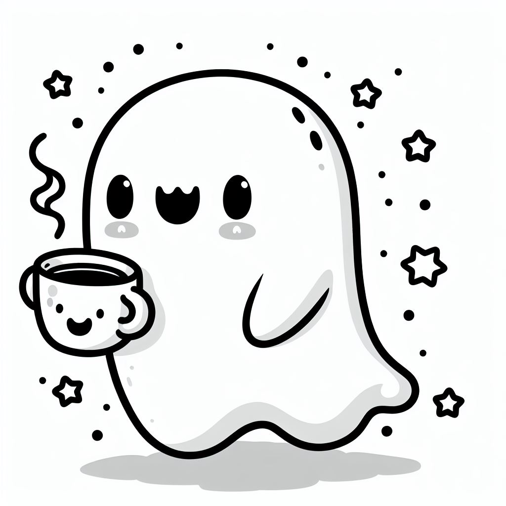 Fantasma kawaii con taza para colorear